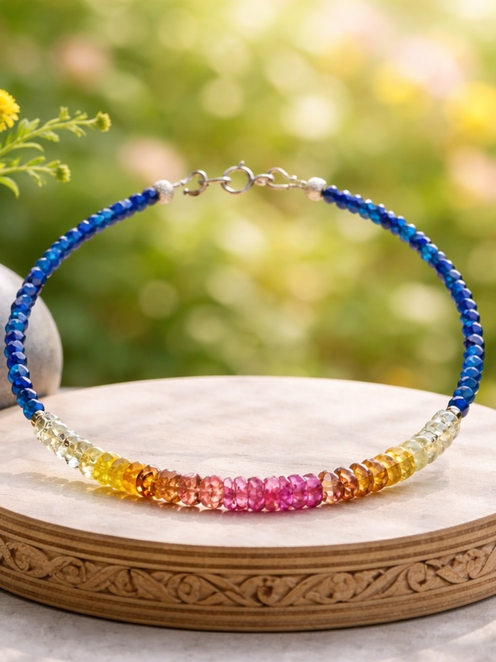 Natural Blue Kyanite, Ombre Yellow Orange Sapphire Bracelet Solid 14K White Gold